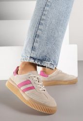 Beżowo-Fuksjowe Sneakersy Tenisówki z Wkładką ze Skóry Naturalnej Ozdobione Tłoczeniem Meluella. Brązowe trampki i tenisówki damskie Renee, bez wzorów, z jeansu, bez zapięcia. Za 189.99 zł.