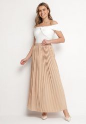 Beżowa Spódnica o Rozkloszowanym Kroju z Plisami i Gumką w Talii Ulithra. Brązowe spódnice damskie Born2be, l, bez wzorów, eleganckie, maxi, dopasowane. Za 59.99 zł.