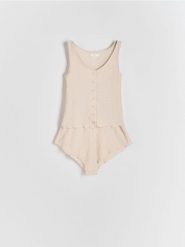 Dwuczęściowa piżama - złamana biel. Piżamy damskie Reserved, l, bez wzorów, z tkaniny, bez ramiączek. W wyprzedaży za 65.99 zł.