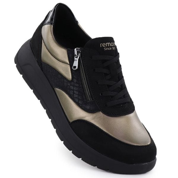 Komfortowe półbuty damskie czarno-złote Rieker Remonte D2V02-04. Czarne półbuty damskie Rieker, bez wzorów, ze skóry ekologicznej, bez obcasa, bez zapięcia. Za 319.99 zł.