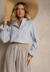 Jasnoniebieska Koszula z Bawełną Ozdobione Paskami i Falbanką Arririnea. Niebieskie bluzki damskie Renee, m, bez wzorów, z bawełny, eleganckie, bez kołnierzyka, bez ramiączek. Za 59.99 zł.
