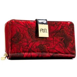 Lakierowany, duży portfel-piórnik damski ze skóry naturalnej w czerwonym kolorze - Peterson. Czerwone portfele damskie Peterson, bez wzorów, z lakierowanej skóry. Za 139.99 zł.