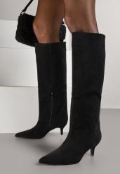 Czarne Kozaki na Kaczuszce z Elegancką Cholewką do Kolana Tesema. Czarne kozaki damskie Renee, z jeansu, bez obcasa, na obcasie. Za 189.99 zł.