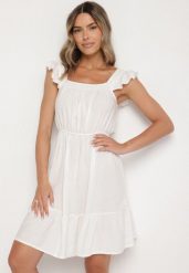 Biała Sukienka z Wiskozą o Rozkloszowanym Kroju z Gumką w Pasie Lirimere. Białe sukienki damskie Born2be, na co dzień, m, bez wzorów, z wiskozy, eleganckie, bez kołnierzyka, bez ramiączek, mini, rozkloszowane. Za 39.99 zł.
