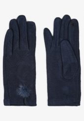 Granatowe Rękawiczki z Bawełną Ozdobione Pomponem i Rozcięciem Zinnaletha. Niebieskie rękawiczki damskie Renee, bez wzorów, z bawełny, eleganckie. Za 24.99 zł.