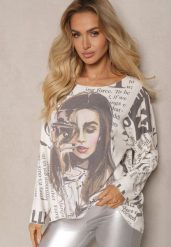 Biała Bluzka z Rysunkowym Printem Przeszyta Metaliczną Nicią Rielie. Białe bluzki damskie Renee, s, z aplikacjami, z materiału, eleganckie, bez kołnierzyka, bez ramiączek. Za 59.99 zł.