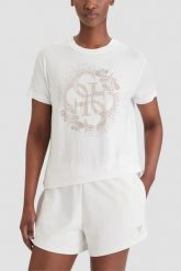 GUESS Biały damski t-shirt na krótki rękaw z cyrkoniami Corinne, Rozmiar XS. Białe t-shirty damskie Guess, xs, z aplikacjami, eleganckie, bez kołnierzyka. Za 239.99 zł.