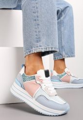 Niebieskie Sneakersy na Niskiej Platformie ze Wstawkami z Brokatu Quinnes. Niebieskie obuwie sportowe damskie Renee, bez wzorów. Za 59.99 zł.