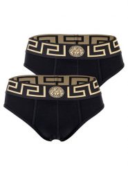 Versace Komplet 2 par slipów AU10180 1A10011 Czarny. Czarne slipki męskie Versace, m, bez wzorów, z bawełny. Za 289.99 zł.