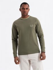 Bawełniany męski longsleeve z dekoltem U w paski i haftem oliwkowy V1 OM-LSCL-0128 XL. Zielone bluzki z długim rękawem męskie Ombre, m, bez wzorów, z bawełny, bez kołnierzyka. Za 196.65 zł.