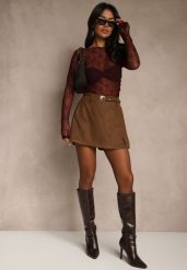 Brązowe Spódnico-Szorty High Waist z Ozdobnym Paskiem Korelea. Brązowe szorty damskie Renee, l, bez wzorów, klasyczne, z podwyższonym stanem. Za 109.99 zł.