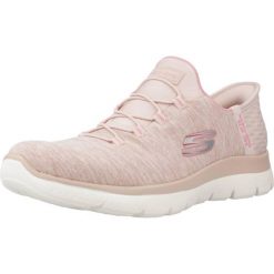 Buty SKECHERS SLIP-INS: SUMMITS- DAZZLING HAZE Rose. Czerwone trampki i tenisówki damskie Skechers, bez wzorów, z materiału, bez zapięcia. Za 209.99 zł.
