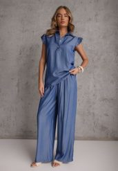 Niebieski Komplet z Wiskozą Bluzka z Kołnierzem i Spodnie Wide Leg Naunne. Niebieskie spodnie materiałowe dla dziewczynek Renee, na lato, bez wzorów, z wiskozy. Za 99.99 zł.