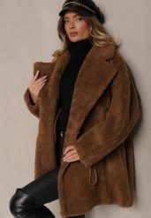 Brązowa Kurtka Futerko w Stylu Teddy Ściągane w Talii Enarithiel. Brązowe kurtki damskie Renee, l, bez wzorów, z futra, bez kaptura. Za 319.99 zł.