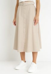 Jasnobeżowa Rozkloszowana Spódnica Midi z Ozdobnymi Guzikami i Materiałowym Paskiem z Bawełny Margareta. Brązowe spódnice damskie Born2be, l, bez wzorów, z bawełny, midi, proste. Za 149.99 zł.