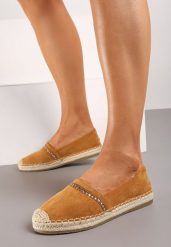 Brązowe Espadryle z Plecioną Podeszwą i Noskiem Effily. Brązowe espadryle damskie Born2be, na lato, z aplikacjami, eleganckie, bez obcasa, na obcasie, bez zapięcia. Za 34.99 zł.