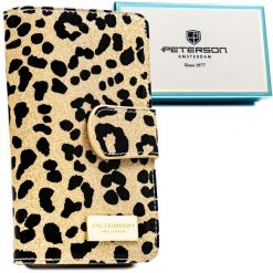 Złoty, pionowy portfel damski ze skóry ekologicznej i naturalnej w cętki, wyposażony w system RFID - Peterson. Żółte portfele damskie Peterson, bez wzorów, ze skóry ekologicznej. Za 129.99 zł.