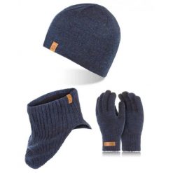Zestaw zimowy Brødrene czapka komin rękawiczki 103141 granatowy. Niebieskie rękawiczki męskie na zimę, bez wzorów, eleganckie. Za 114.99 zł.