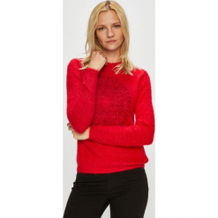 Desigual - Sweter. Czerwone swetry damskie Desigual, z dzianiny, z okrągłym kołnierzem. Za 399.90 zł.