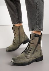 Zielone Botki Workery ze Sznurowaniem i Zapięciem na Suwak Vemida. Zielone botki damskie Born2be, z jeansu, eleganckie, bez obcasa, na płaskiej podeszwie, bez zapięcia. Za 149.99 zł.