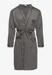 Ciemnoszary Szlafrok z Bawełną Zdobiony Elegancką Lamówką i Aplikacją z Wiązanym Paskiem Attelora. Szare szlafroki męskie Born2be, l, z aplikacjami, z bawełny, bez ramiączek, bez kaptura. Za 49.99 zł.