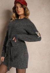 Ciemnoszara Sukienka Sweterkowa z Wełną Ozdobiona Cyrkoniami Paskiem i Wycięciami Zolida. Szare sukienki damskie Renee, na co dzień, bez wzorów, z wełny, eleganckie, bez kołnierzyka, bez ramiączek, mini, dopasowane. Za 149.99 zł.
