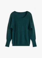Cienki sweter z aplikacją ze sztrasów. Zielone swetry damskie bonprix, z aplikacjami, bez kołnierzyka, bez ramiączek, bez kaptura. Za 129.99 zł.