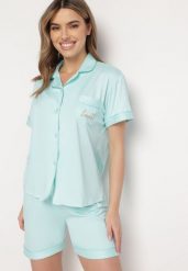 Miętowy Satynowy Komplet Piżamowy Krótka Koszula i Szorty Selitte. Zielone koszule nocne damskie Born2be, xl, bez wzorów, z satyny, krótkie. Za 44.99 zł.