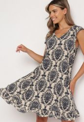 Granatowo-Beżowa Bawełniana Sukienka w Stylu Boho na Ramiączkach z Falbanką Zaelle. Niebieskie sukienki damskie Born2be, na co dzień, l, bez wzorów, z bawełny, boho, bez kołnierzyka, bez ramiączek, midi. Za 39.99 zł.
