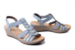 RIEKER 62436-12 blue, sandały damskie. Niebieskie sandały damskie Rieker, bez wzorów, bez obcasa, na koturnie, bez zapięcia. Za 262.32 zł.