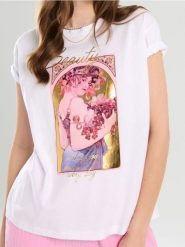 Bawełniana koszulka z nadrukiem Alphonse Mucha - biały. Białe t-shirty damskie Sinsay, l, bez wzorów, z bawełny, bez kołnierzyka. W wyprzedaży za 15.99 zł.