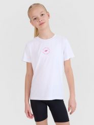 4F T-shirt sportowy regular gładki dziewczęcy - biały 134/140 (8-10 lat). Białe t-shirty i topy dla dziewczynek 4f, bez wzorów, bez ramiączek. W wyprzedaży za 29.99 zł.