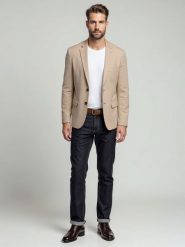 Elegancka męska marynarka SLIM FIT z rayonem – beżowa V2 OM-BLZB-0135 - XXL. Brązowe marynarki męskie Ombre Clothing, bez wzorów, z materiału, eleganckie. Za 359.99 zł.