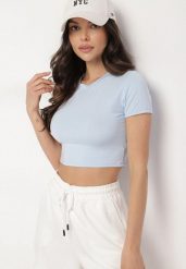 Jasnoniebieski T-shirt z Wiskozą o Dopasowanym Kroju Typu Crop Top Folirra. Niebieskie bluzki damskie Born2be, m, bez wzorów, z jeansu, klasyczne, bez kołnierzyka, bez ramiączek. Za 39.99 zł.