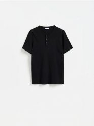 T-shirt henley slim fit - czarny. Czarne t-shirty męskie Reserved, l, bez wzorów, z bawełny, bez kołnierzyka. Za 69.99 zł.