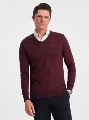 Sweter męski z dekoltem "w serek" z koszulowym kołnierzykiem - bordowy V8 - Rozmiar: L. Czerwone swetry przez głowę męskie Ombre Clothing, l, bez wzorów, z bawełny, bez kołnierzyka. W wyprzedaży za 39.99 zł.