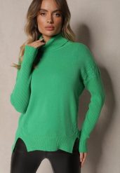 Zielony Casualowy Golf z Bawełną i Wiskozą oraz Rozcięciami po Bokach Cialisea. Zielone swetry damskie Renee, na zimę, l, bez wzorów, z bawełny, bez kołnierzyka, bez ramiączek, bez kaptura. Za 69.99 zł.