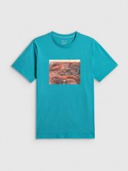 4F T-shirt regular z nadrukiem męski - turkusowy S. Niebieskie koszulki sportowe męskie 4f, m, bez wzorów, z materiału, bez kołnierzyka, bez ramiączek. Za 79.99 zł.
