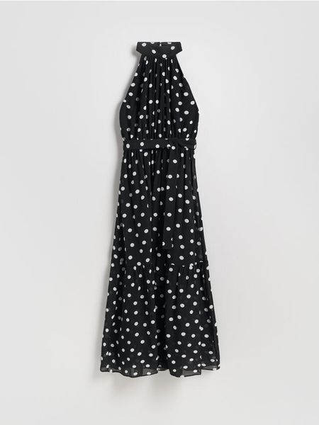 Sukienka w groszki - czarny. Czarne sukienki damskie Reserved, na co dzień, l, bez wzorów, z tkaniny, bez kołnierzyka, bez ramiączek, proste. W wyprzedaży za 159.99 zł.