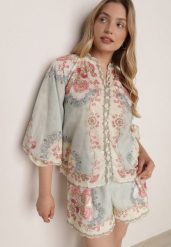 Zielona Koszula w Kwiaty ze Stójką Feliana. Zielone bluzki damskie Born2be, l, bez wzorów, z jeansu, biznesowe, bez kołnierzyka, bez ramiączek. Za 159.99 zł.