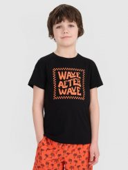 4F T-shirt regular z nadrukiem chłopięcy - czarny 140 (9-10 lat). Czarne t-shirty dla chłopców 4f, bez wzorów, z bawełny, bez ramiączek. W wyprzedaży za 29.99 zł.