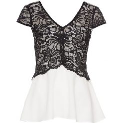 Bluzka bonprix biało-czarny. Białe bluzki damskie bonprix, z koronki, eleganckie, z kontrastowym kołnierzykiem. Za 54.99 zł.