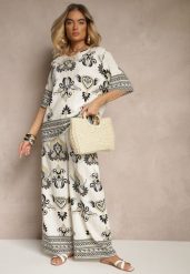 Czarno-Beżowy Wiskozowy Komplet w Orientalny Print Szerokie Spodnie i T-shirt Pollialia. Czarne spodnie materiałowe damskie Renee, l, z aplikacjami, z wiskozy. Za 79.99 zł.