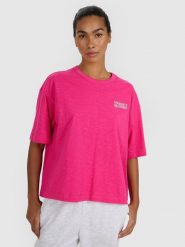 4F T-shirt oversize z nadrukiem damski - różowy XL. Czerwone koszulki sportowe damskie 4f, xl, bez wzorów, z bawełny, klasyczne, bez kołnierzyka. W wyprzedaży za 29.99 zł.