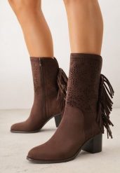 Ciemnobrązowe Botki Ażurowe Kowbojki z Wkładką ze Skóry Nauralnej i Frędzlami Cezive. Brązowe botki damskie Renee, ze skóry, bez obcasa, na obcasie, bez zapięcia. Za 199.99 zł.