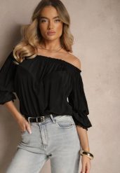 Czarna Bluzka z Wiskozą Ozdobiona Falbanami Melzivia. Czarne bluzki damskie Renee, na lato, bez wzorów, z wiskozy, eleganckie, bez kołnierzyka, bez ramiączek. Za 44.99 zł.