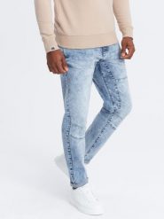 Jeansowe spodnie męskie TAPERED FIT z przeszyciami i podwiniętymi nogawkami – błękitne V1 OM-PADP-0161 - XXL. Niebieskie spodnie materiałowe męskie Ombre Clothing, l, z aplikacjami, z bawełny, eleganckie. Za 107.99 zł.