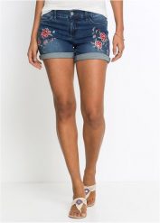 Szorty dżinsowe z haftem. Niebieskie szorty damskie bonprix, bez wzorów, z jeansu. Za 122.99 zł.