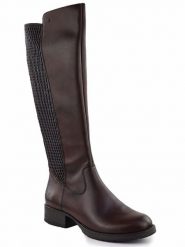 Skórzane brązowe kozaki z elastyczną gumą ocieplane Rieker Z9591-27. Brązowe kozaki damskie Rieker, z gumy, bez obcasa. Za 529.00 zł.