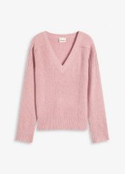 Sweter oversize z dekoltem w serek. Czerwone swetry damskie bonprix, bez wzorów, bez kołnierzyka, bez ramiączek, bez kaptura. Za 112.99 zł.